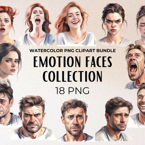 Imágenes prediseñadas de caras de emociones en acuarela, paquete de retratos, imágenes prediseñadas de expresiones humanas, ilustración de personas, triste, feliz, enojado, llorando, riendo, conmocionado