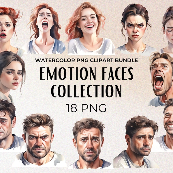 Watercolor Emotion Faces Clipart, Portraits Bundle, Human expressions Clipart, People  Illustration, Sad, Happy, Angry, Cry, Laugh, Shock