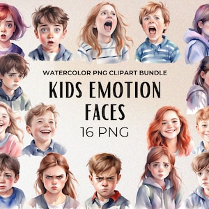 Imágenes prediseñadas de caras de emociones de niños en acuarela, paquete de retratos, imágenes prediseñadas de expresiones humanas, ilustraciones de personas, niña, niño, adolescente, jóvenes