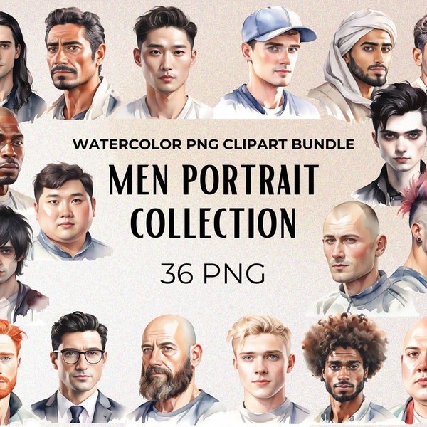 Aquarell Männer Porträtsammlung, hübsche Gesichter Bündel, Mann Porträt PNG, Gesichter Illustration, verschiedene Männer, Menschen Clipart, Gentleman
