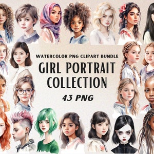 Colección de imágenes prediseñadas de retratos de niñas en acuarela, caras de niños, mujeres jóvenes de diferentes etnias, ilustraciones de mujeres hermosas, chicas guapas