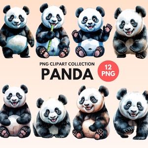Paquete de imágenes prediseñadas de panda en acuarela, descarga digital de oso panda, animales salvajes, imágenes prediseñadas de vida silvestre, imágenes prediseñadas de bosque, animales lindos del bosque, álbum de recortes