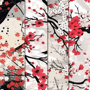 May include: Four seamless patterns featuring stylized cherry blossoms in shades of pink, white, and red on a light grey background. The patterns are arranged vertically, side-by-side.