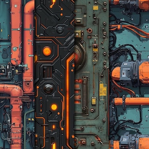 Puede incluir: Arte digital abstracto que presenta una compleja disposición de componentes industriales. La imagen muestra tuberías naranjas, paneles negros con detalles en naranja y fondos turquesa. El diseño tiene una estética futurista y mecánica.
