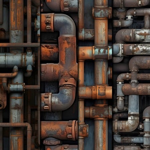 May include: A close-up of a wall covered in rusty pipes of various sizes and colours. The pipes are arranged in a complex pattern, creating a visually interesting and industrial aesthetic.