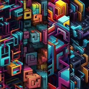 May include: Abstract geometric pattern with a colorful, multi-dimensional design. The pattern features a variety of shapes and colors, including blue, green, yellow, orange, red, and purple.