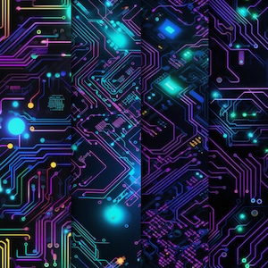 May include: Abstract digital art featuring a close-up of a circuit board with glowing neon blue, pink, and purple lines. The background is black.
