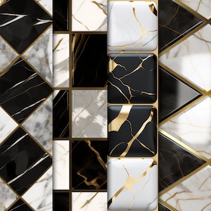 May include: Four different patterns of black and white marble tiles with gold accents. The tiles are arranged in a grid pattern.