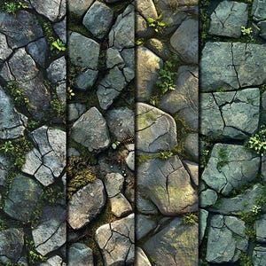 May include: A composite image of four sections of a stone pathway. The stones are various shades of gray and are interspersed with patches of green moss and small plants. The stones have cracks and irregular shapes.