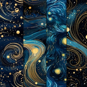 May include: A digital collage of four different patterns featuring swirling lines and dots in shades of blue and gold. The patterns are reminiscent of a starry night sky.