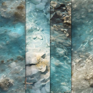 May include: A close-up view of the ocean floor with clear blue water, white sand, and coral. The ocean floor is visible through the clear water.  The coral is a light brown color and has a delicate, branching structure.