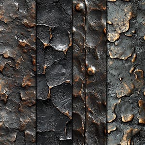 May include: Close-up of four different textured metal surfaces. The surfaces are all dark in colour with a metallic sheen. The surfaces are all cracked and have a rough texture.