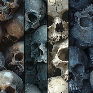 May include: A close-up image of a pile of gray and white human skulls. The skulls are arranged in a random pattern, with some skulls overlapping others. The skulls are all very detailed, with visible teeth, eye sockets, and nasal cavities.