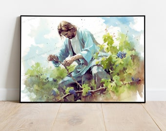 Jezus – Werkend in zijn wijngaard. De meester-tuinman. Jezus Christus kunst, AI Art, digitaal schilderen, christelijke kunst, AI Digital Art Print.