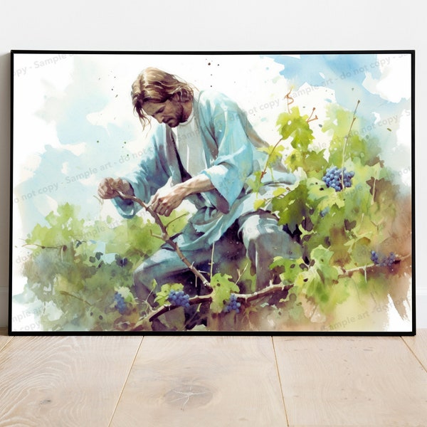 Jesus—Working in his vineyard. The master Gardener. Jesus Christ art, AI Art, Digital Painting, Christian art, AI Digital Art Print.