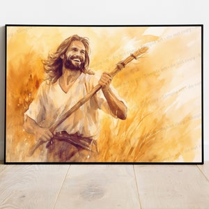 May include: Watercolor painting of a smiling figure holding a staff, set against a golden wheat field. The artwork features warm tones of yellow and brown, framed in a black border. The image evokes a sense of joy and serenity.