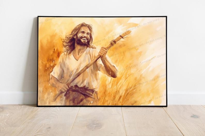 May include: Watercolor painting of a smiling figure holding a staff, set against a golden wheat field. The artwork features warm tones of yellow and brown, framed in a black border. The image evokes a sense of joy and serenity.