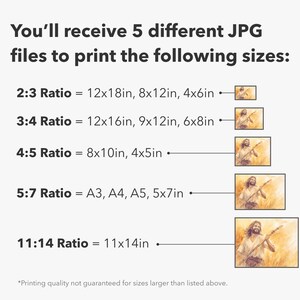 May include: Image showing the sizes available for printing JPG files. The text includes ratios like 2:3, 3:4, 4:5, 5:7, and 11:14, with corresponding dimensions in inches. The image also includes small sample pictures.