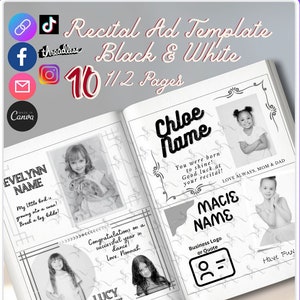 10 Half Page Templates for Program Ad Pages - Black and White Editable Canva Template Recital Program Brochures 1/2 page Dance Recital