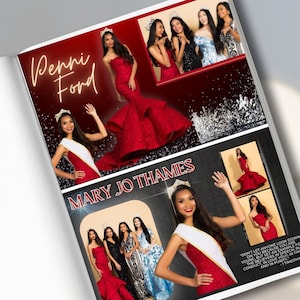 May include: A red and black pageant template with the text "Pageant Template" at the top. The template features photos of contestants in formal wear, with their names and titles. The template also includes a quote from the Bible.