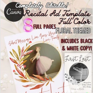 Può includere: Modello di annuncio di recital modificabile con un tema floreale. L'annuncio presenta una foto di una giovane ballerina con un tutù rosa, circondata da una ghirlanda di foglie e fiori ad acquerello. Il testo "Short Message Line Goes Here" è scritto in un carattere dorato. L'annuncio include anche il testo "First Last" in un carattere rosso. L'annuncio è progettato per essere utilizzato per recital di danza o altre esibizioni.