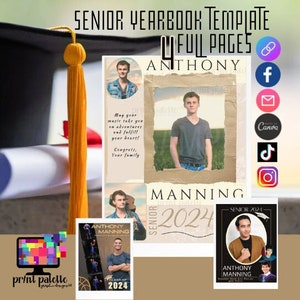 Puede incluir: Una plantilla de anuario de último año con cuatro páginas completas. La plantilla presenta un gorro de graduación, una foto de un estudiante y el texto "Anthony Manning 2024".