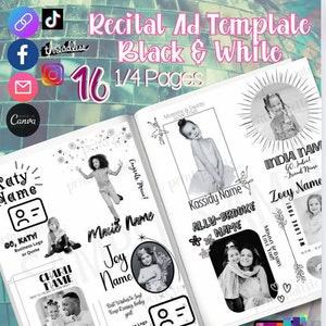 Könnte beinhalten: Schwarzweißes druckbares Vorlagenset für eine Konzertanzeige. Die Vorlage umfasst 16 Seiten mit Platz für ein Foto, einen Namen und eine kurze Nachricht. Die Vorlage ist für den Druck auf 1/4 Seiten konzipiert.