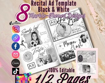 Marble Recital Program Ad Templates - Black & White Canva Editable (Digital Link)