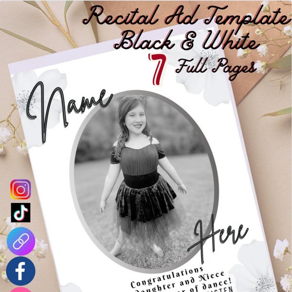 7 FULL PageTemplates for Program Ad Pages - Black and White, Personalized Brochure Recital Dance Football Program Canva Editable Digital