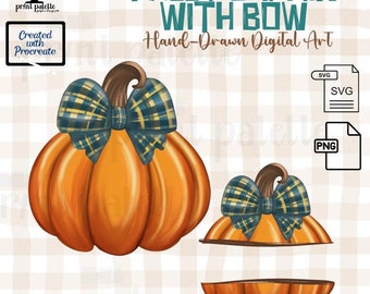 Hand-Drawn Fall Pumpkin with Teal Bow, SVG PNG (Digital Download)