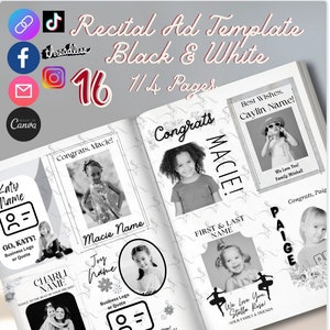 16 1/4 Page Templates for Program Ad Pages - Black and White Editable Canva Template Recital Program Brochures One-Fourth page Dance Recital
