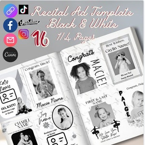 Könnte beinhalten: Schwarze und weiße druckbare Vorlage für eine Konzertanzeige. Die Vorlage bietet eine Vielzahl von Designs mit floralen Akzenten und Platz für Fotos und Text. Der Text beinhaltet "Recital Ad Template", "Black & White", "1/4 Pages", "Congrats", "Best Wishes", "We Love You", "Good Luck", und "First & Last Name".