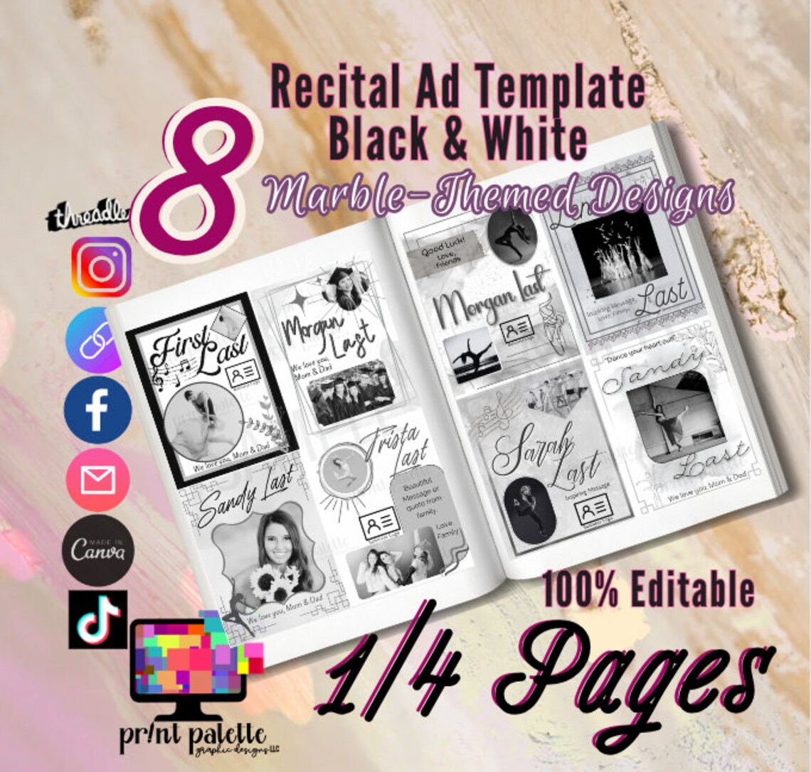 Reading Program Ad Layout Marble Recital Program Ad Templates – Black & White, Editable Canva ...