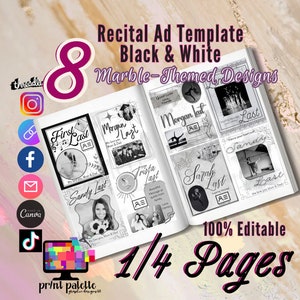 8 1/4 Page Templates Ad Marble theme - Black and White Recital Dance Football Program Canva Editable Digital Link Elegant Full editing