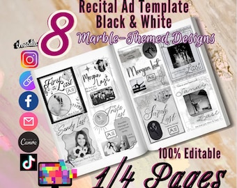Marble Recital Program Ad Templates – Black & White, Editable Canva (Digital Download)