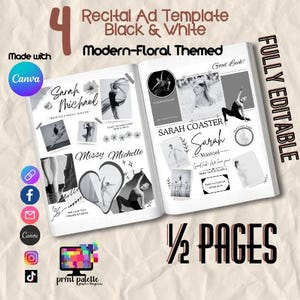 Puede incluir: Un libro abierto con una plantilla de anuncio de recital con temática floral moderna en blanco y negro. La plantilla incluye fotos, texto y el logotipo de Canva. Las palabras "FULLY EDITABLE" y "1/2 PAGES" también son visibles.