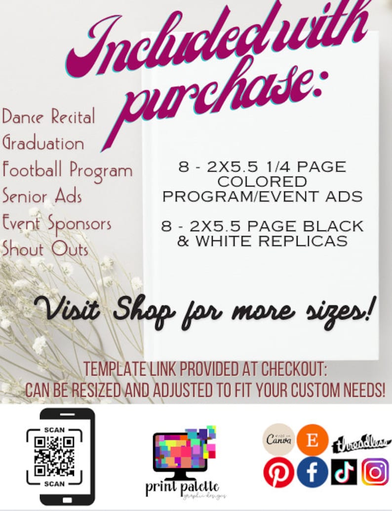 8 ONE FOURTH 1/4 Page Floral Themed Color Templates for Program Ad ...