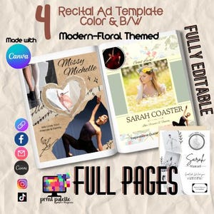 Könnte beinhalten: Ein modernes, floral gestaltetes Rezital-Anzeigen-Template mit Farb- und Schwarzweiß-Optionen. Das Design zeigt volle Seiten mit den Texten "Missy Michelle" und "Sarah Coaster". Die Vorlage ist vollständig editierbar und mit Canva erstellt.