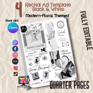 May include: A black and white recital ad template with a modern floral theme. The design includes quarter pages, photos, and text elements. The words "Recital Ad Template Black & White" and "Modern-Floral Themed" are visible.