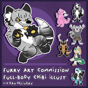 custom furry art commission - personalized full-body CHIBI fursona original character digital art : Cute Custom Furry Art with background