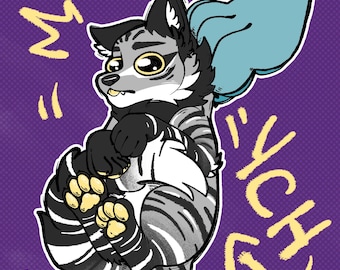 May include: A cartoon illustration of a striped, gray and white wolf-like creature with large eyes. The creature is curled up in a ball with its paws tucked in. The background is purple with yellow text that says "Ych" and "M".