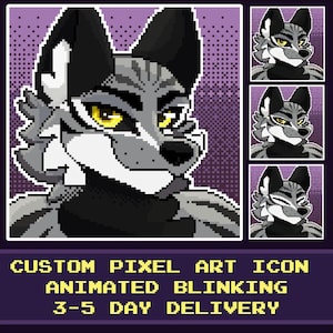 Arte digital personalizada para furry, com ícone animado em pixel art - fursona piscando: Foto de perfil personalizada em pixel art.