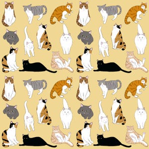 Könnte beinhalten: Ein sich wiederholendes Muster mit Illustrationen von Katzen in verschiedenen Posen und Farben, darunter getigerte, Schildpatt- und schwarze Katzen. Der Hintergrund ist hellgelb.