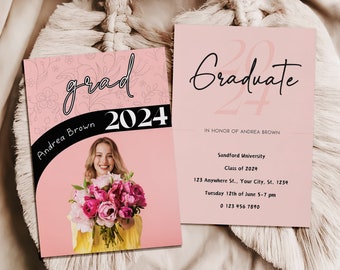 Invitación de graduación rosa, plantilla de anuncio de graduación rosa, invitación de graduación 2026, plantilla editable de Canva (descarga digital)