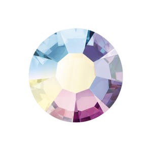 May include: A round, iridescent crystal rhinestone with a multi-colored ab color. The crystal has a light blue, purple, and pink color scheme.