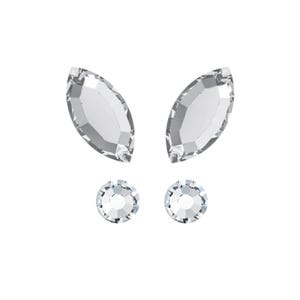 May include: Four clear crystal rhinestones arranged in a butterfly shape. Two large, marquise-shaped crystals form the wings, and two smaller, round crystals create the body. The crystals are faceted, reflecting light.