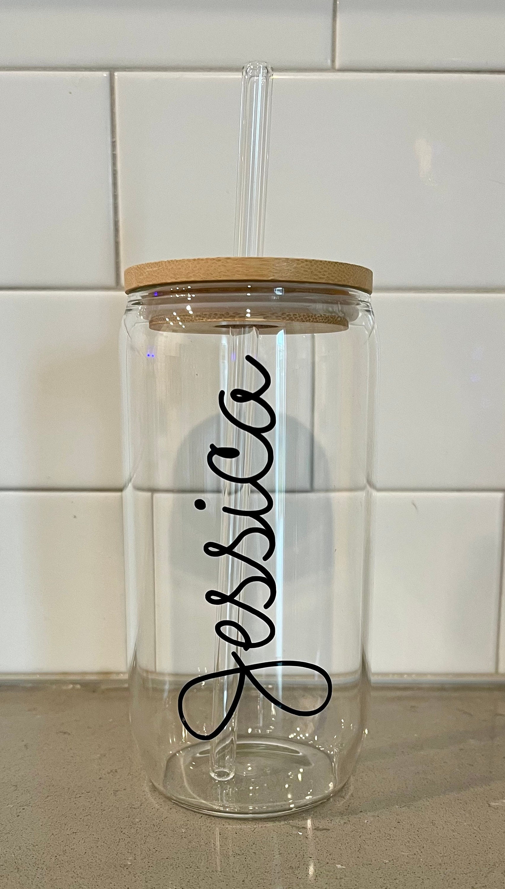 Personalized Glass Cup with Bamboo Lid and Straw 16oz Clear Iced Coffee  Cups with Name Custom Birth …See more Personalized Glass Cup with Bamboo  Lid