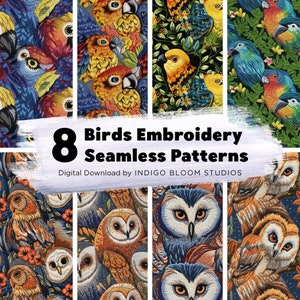 Seamless Embroidery Pattern Birds and Owls Sublimation Digital Paper Download HD Bundle