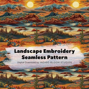 Seamless Pattern Embroidered Landscape Desert Sunset
