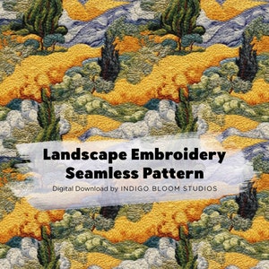 Seamless Pattern Embroidery Landscape Van Gogh Wheat Fields Sublimation Digital Paper Download